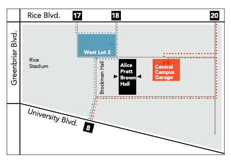 parking map for Music in Context performances at Rice University